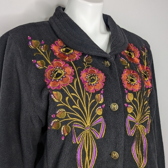 Bob Mackie black orange floral embroidered fleece jacket L - Picture 3 of 10